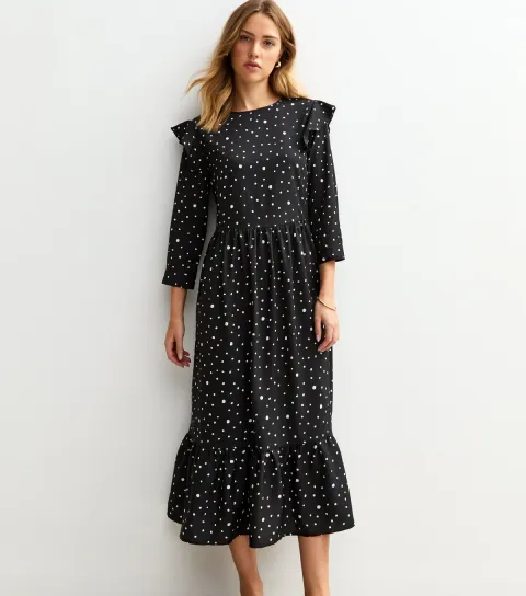 Women's Black Polka Dot Ruffle Trim Midi Dress