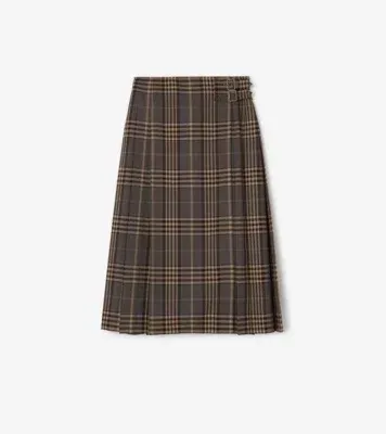 Check Wool Midi Kilt in Earth brown