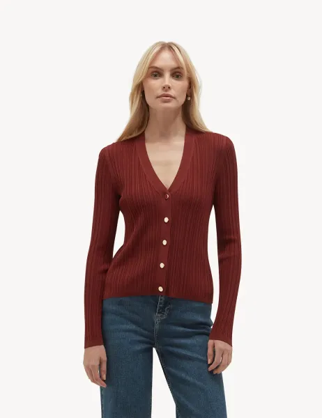 Hobbs Ribbed V-Neck Cardigan Brown Mix