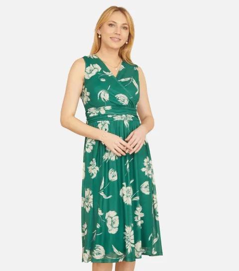 Women's Green Floral Sleeveless Wrap Midi Dress