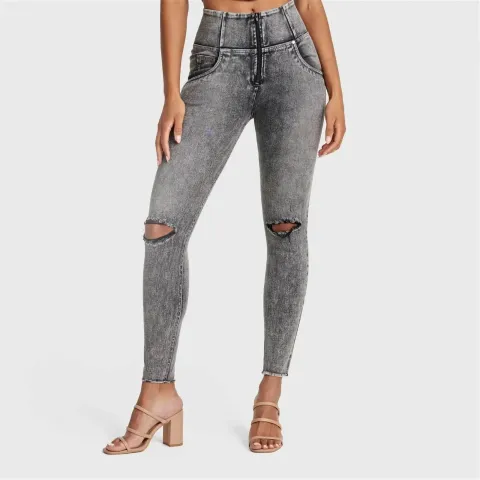 Freddy WRUP SNUG Ripped Jeans - High Waisted - Full Length - Grey Stonewash + Grey Stitching