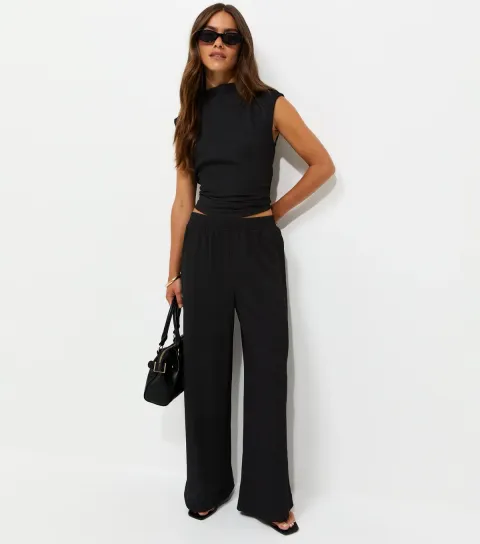 Women's Petite Black Crinkle Jersey Wide Leg Trousers
