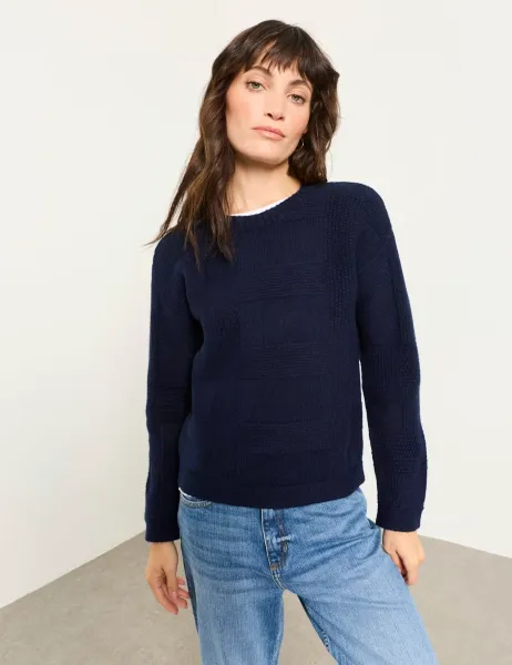 FatFace Cotton Blend Checked Crew Neck Jumper Navy