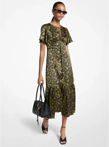Floral Hammered Satin Midi Dress