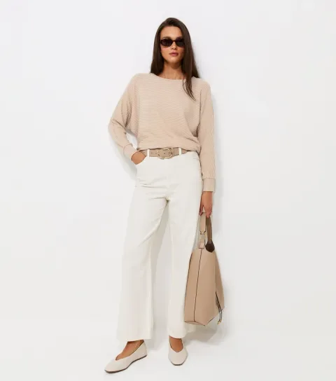 Women's Cream Soft Touch Ribbed Batwing Sleeve Top