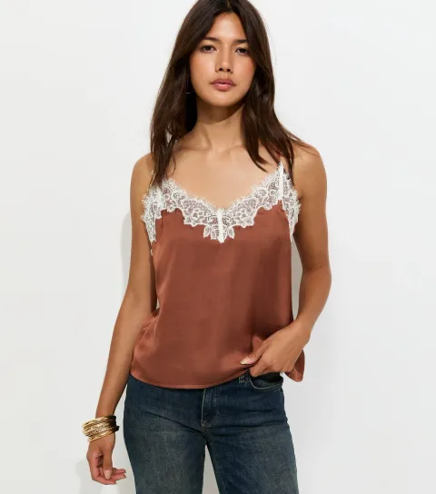 Women's Dark Brown Satin Lace Trim V-Neck Cami Top