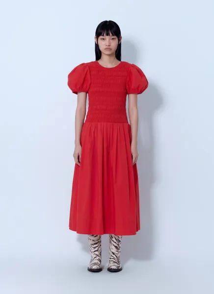 GANNI Stretch Cotton Long Smocked Pleated Dress