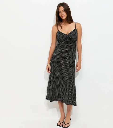 Women's Black Polka Dot Strappy Frill Trim Midi Dress