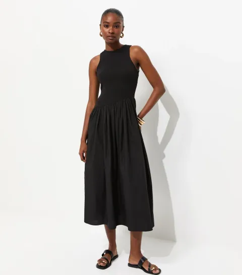 Women's Black Asymmetric Waist Sleeveless Midi Dress