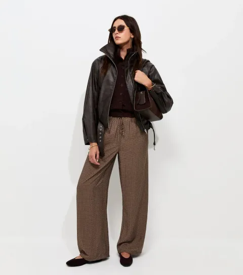 Women's Brown Check Drawstring Wide Leg Trousers