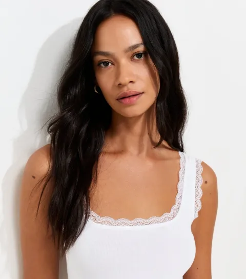 New Look Women's White Cotton Rich Lace Trim Square Neck Vest