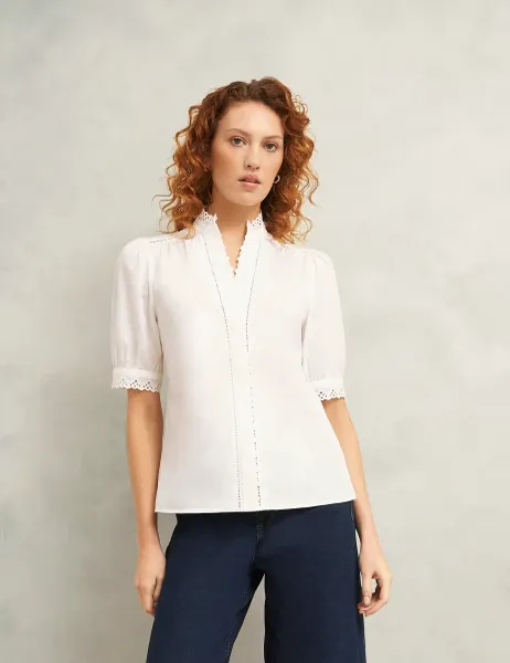 Hobbs Pure Cotton Broderie Notch Neck Blouse