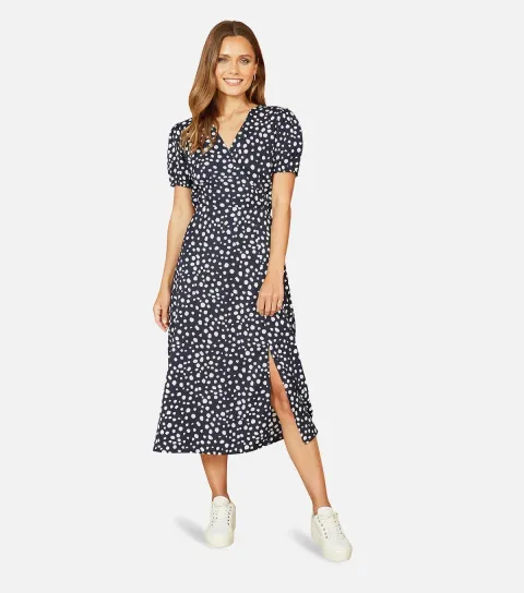Women's Navy Spot Print Midi Dress