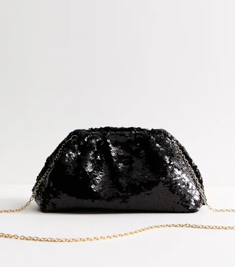 New Look Black Sequin Embellished Gathered Clutch Bag