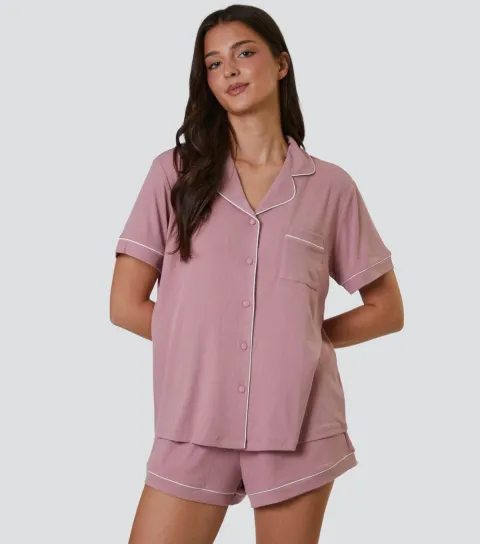 Women's Pink Ribbed Shirt and Shorts Pyjama Set