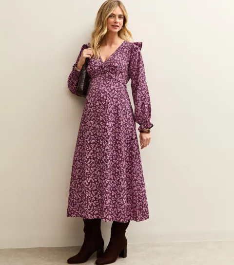 New Look Women's Maternity Purple Ditsy Frill Shoulder Midi Dress