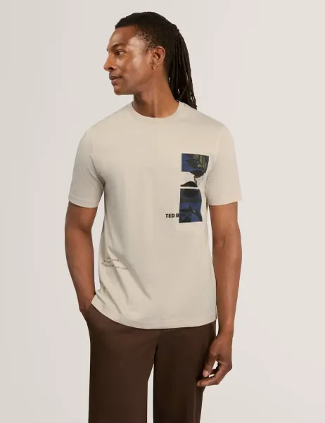 Ted Baker Pure Cotton Floral Graphic Crew Neck T-Shirt Ecru