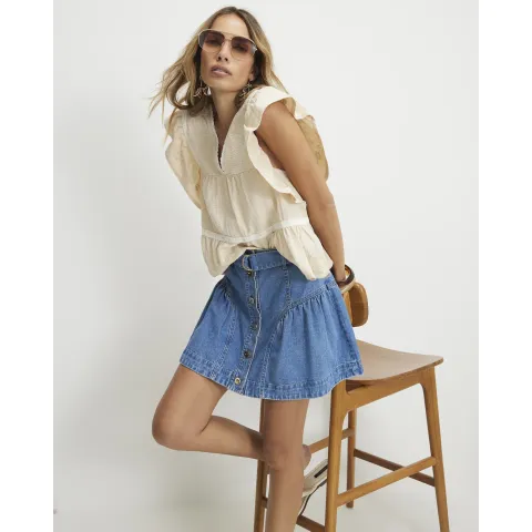 River Island Button Belted Denim Mini Skirt