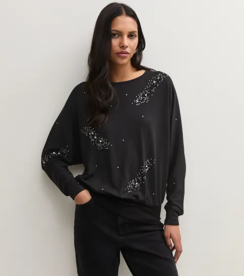 New Look Women's Black Soft Touch Sequin Embellished Batwing Sleeve Top
