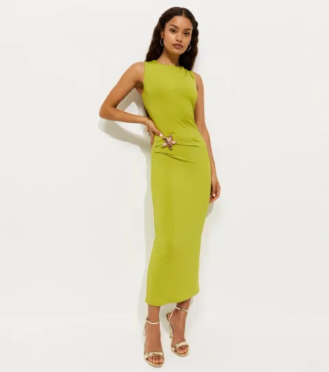 Women's Petite Bright Green Starfish Charm Ruched Midi Dress