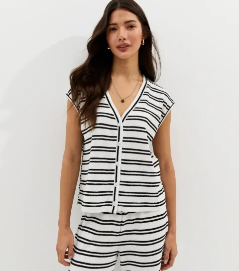 Women's White Soft Touch Textured Striped Button Front Top