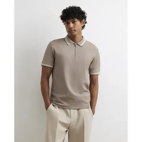 River Island Slim Fit Zip Neck Waffle Polo Shirt