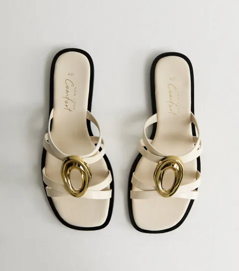 Women's Off White Gold Abstract Buckle Mule Sandals