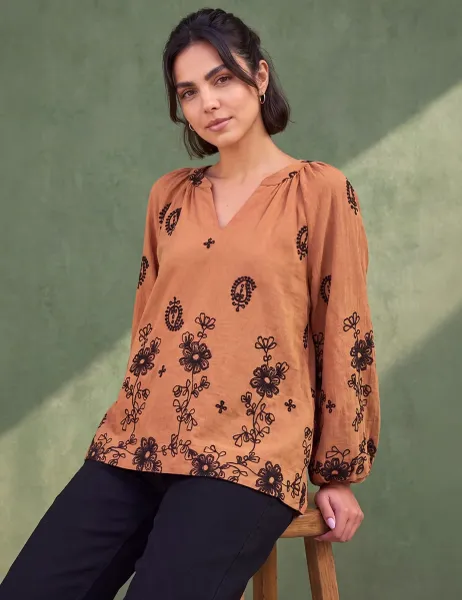 Roman Floral Embroidered V Neck Top Tan