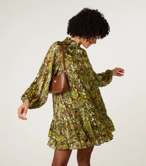 Women's Brown High Neck Frill Hem Dress