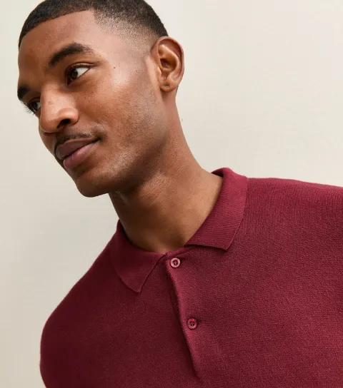 New Look Men's Dark Burgundy Relaxed Fit Long Sleeve Button Polo Shirt