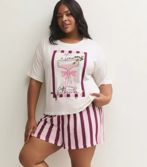 New Look Women's Plus Size Burgundy Cotton Christmas T-Shirt and Shorts Pyjama Set Curves