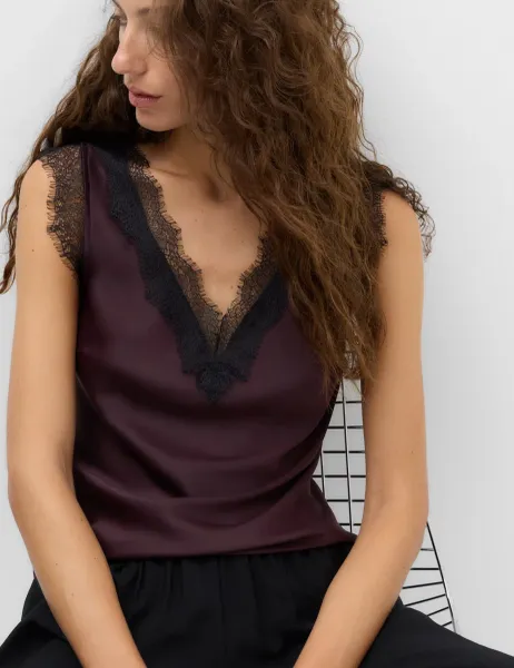 Marks & Spencer Satin V-Neck Lace Insert Cami Top Dark Aubergine
