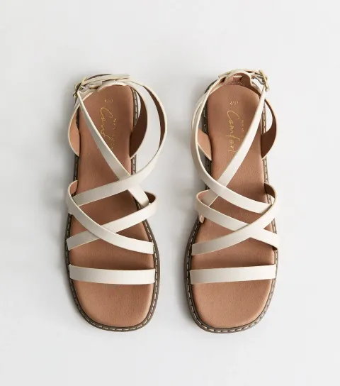 Women's White Faux Leather Multi Strap Flat Sandals Vegan