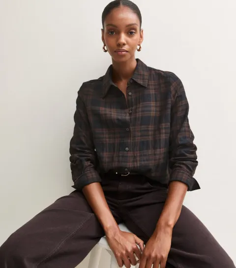 New Look Women's Brown Cotton Rich Check Long Sleeve Shirt