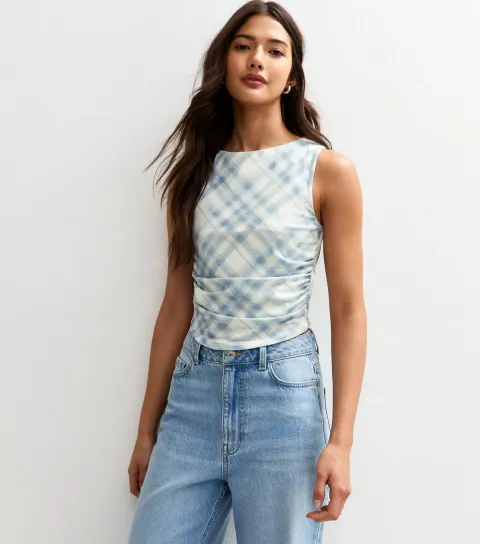 New Look Women's Blue Check Patterned Ruched Side Mesh Top