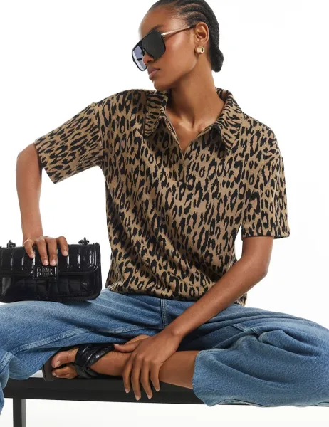 River Island Leopard Print Jacquard Polo Top