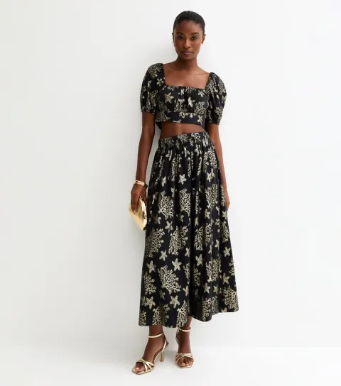 Women's Black Foiled Starfish Tiered Midi Skirt