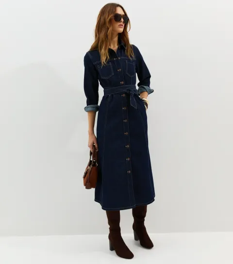 New Look Women's Navy Denim Long Sleeve Shirt Midi Dress