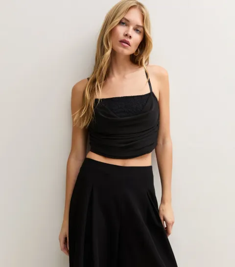 New Look Women's Black Lace Draped Corset Cropped Cami Vest