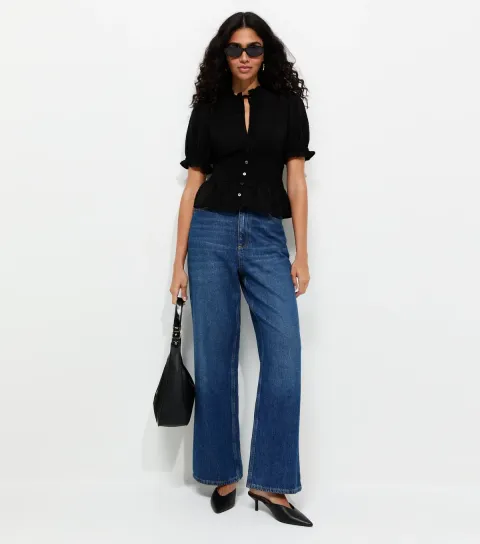 Women's Black Ruched Puff Sleeve Shirt