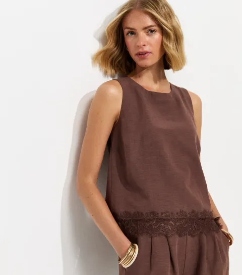Women's Dark Brown With Cotton Lace Hem Sleeveless Top