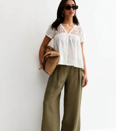 Women's Petite Khaki Pull On Wide Leg Trousers