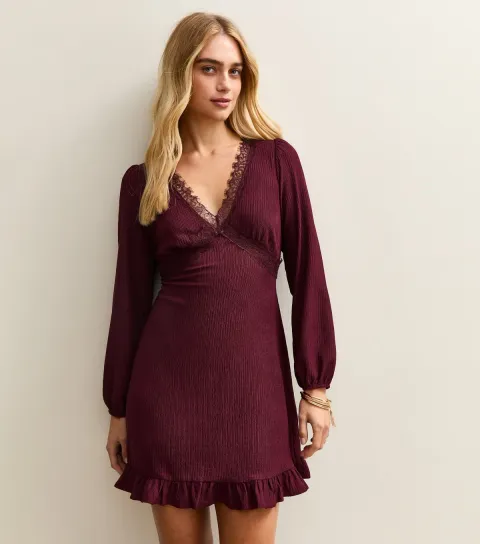 Women's Dark Burgundy Lace Trim long Sleeve Mini Dress