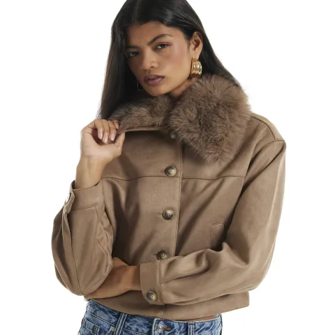 River Island Faux Suede Faux Fur Collar Jacket