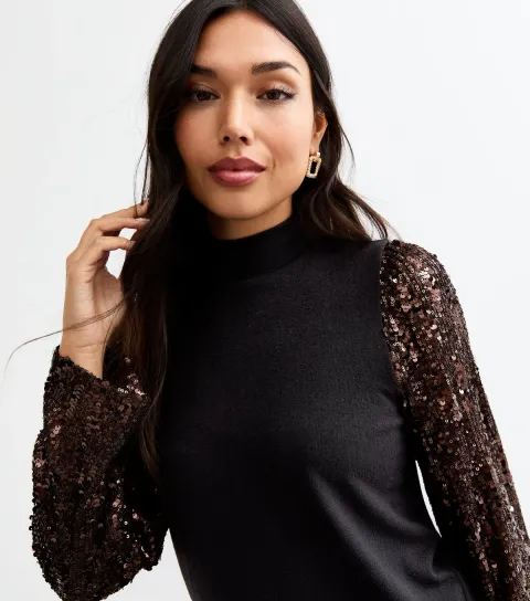Women's Bronze Sequin Sleeve Knitted Top