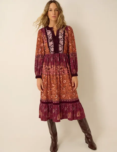 Monsoon Cotton Rich Printed V Neck Midi Tiered Dress