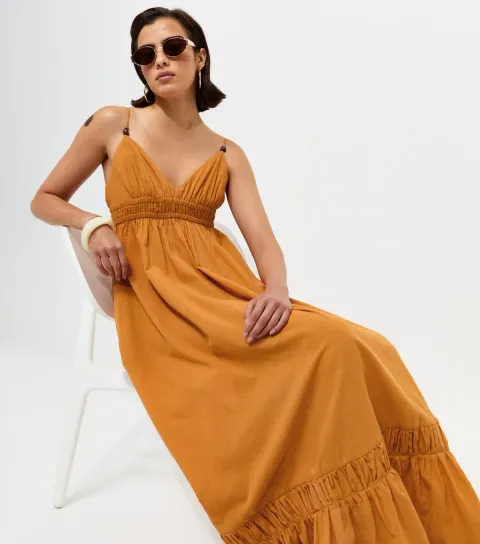 Women's Dark Yellow Cotton Tiered Beach Maxi Dress