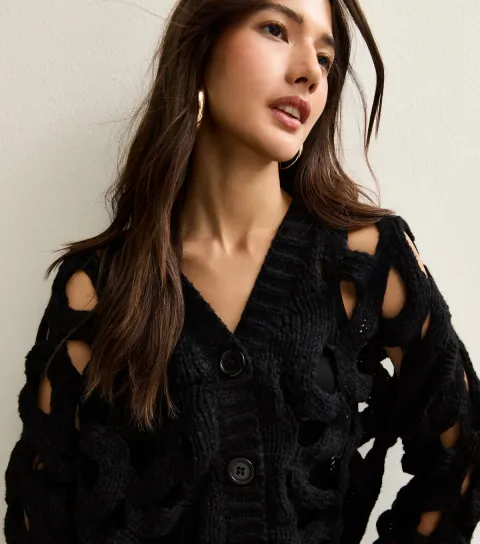 Women's Black Hollow Chunky Knit Cardigan