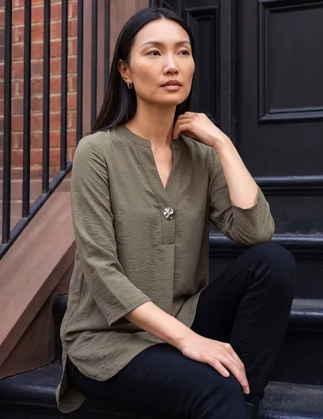 Roman Button Detail Top Khaki Mix