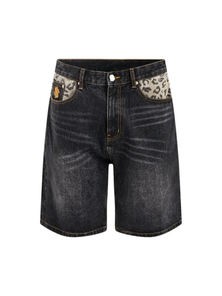 Billionaire Boys Club Leopard Print Panel Astro Denim Shorts